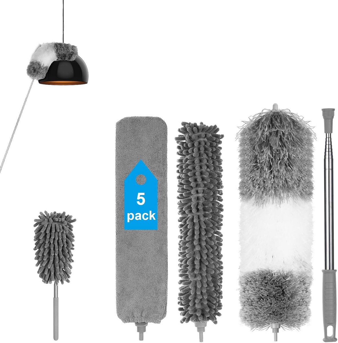 7-delige Stofwisser Set - Microvezel en Chenille Stofdoek met Lange Verlengbare Steel