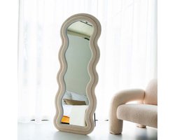 Golvende Spiegel Teddy Wit 160x60cm - Passpiegel - Wavy Mirror - Organische - Asymmetrische vorm - Fluweel - Flanel - Onregelmatige vloerspiegel -Minimalistisch, Ovale Randen - Modern Design, Wandspiegel - Staande Spiegel met Haken