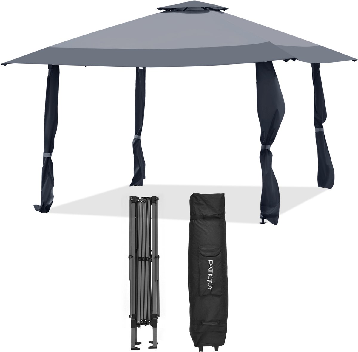 COSTWAY Paviljoen, 4 x 4 m, pop-up vouwpaviljoen met dubbel dak, waterdicht, stabiel, uv-bescherming 50+, tuinpaviljoen met draagtas op wieltjes, tuintent voor terras, tuin, grijs