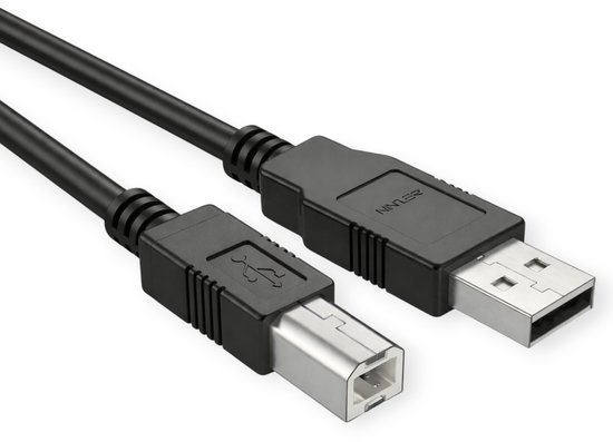 Zwarte USB-A naar USB-B printerkabel van het merk Ninzer. Metalen aansluitingen.