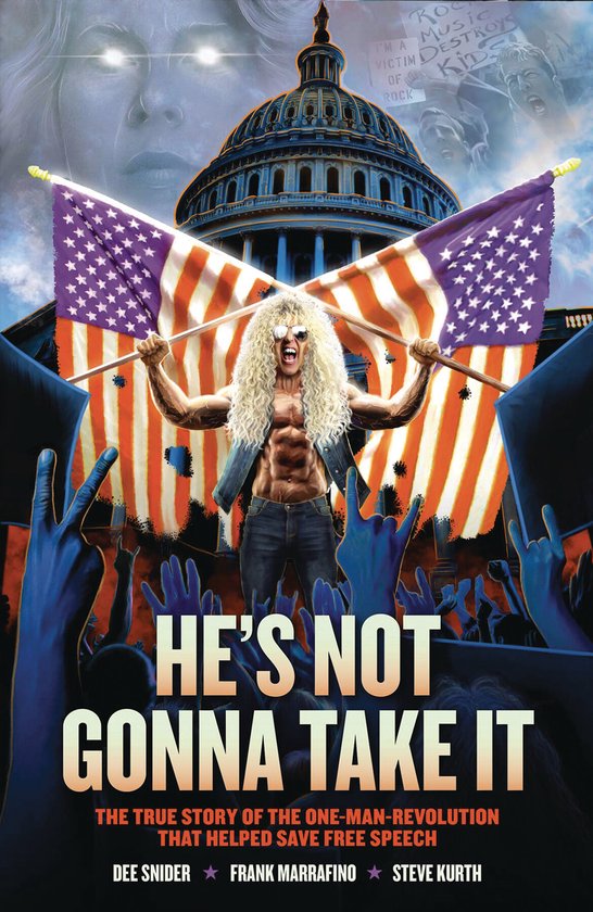 Een gespierde man met blond haar en een zonnebril houdt twee Amerikaanse vlaggen omhoog voor het Capitool. De tekst luidt 'HE'S NOT GONNA TAKE IT'.