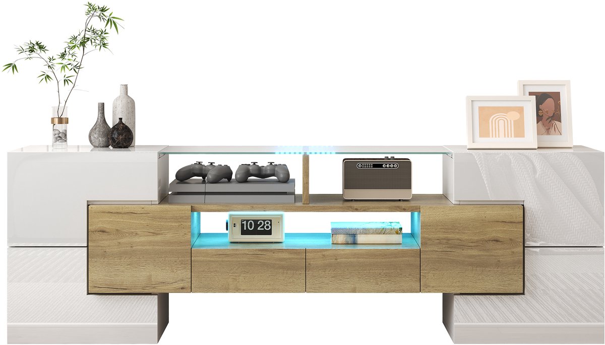 TV-Meubel 145 cm - Lowboard Met LED-Verlichting - Hoogglans Afwerking - Glas - Wit
