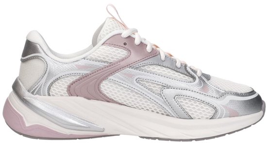 Dames sneaker in wit met roze en zilveren overlay details, witte veters.