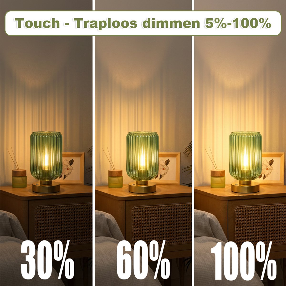MUPOO Set van 2 Draadloze Tafellamp Modern met touch - Oplaadbare 7500 mAh - met Dimfunctie - Gouden voet en Groene Glazen Kap voor woonkamer - E27-fitting - Vintage Bedlampje — cadeau in Wonen & Interieur - foto 2