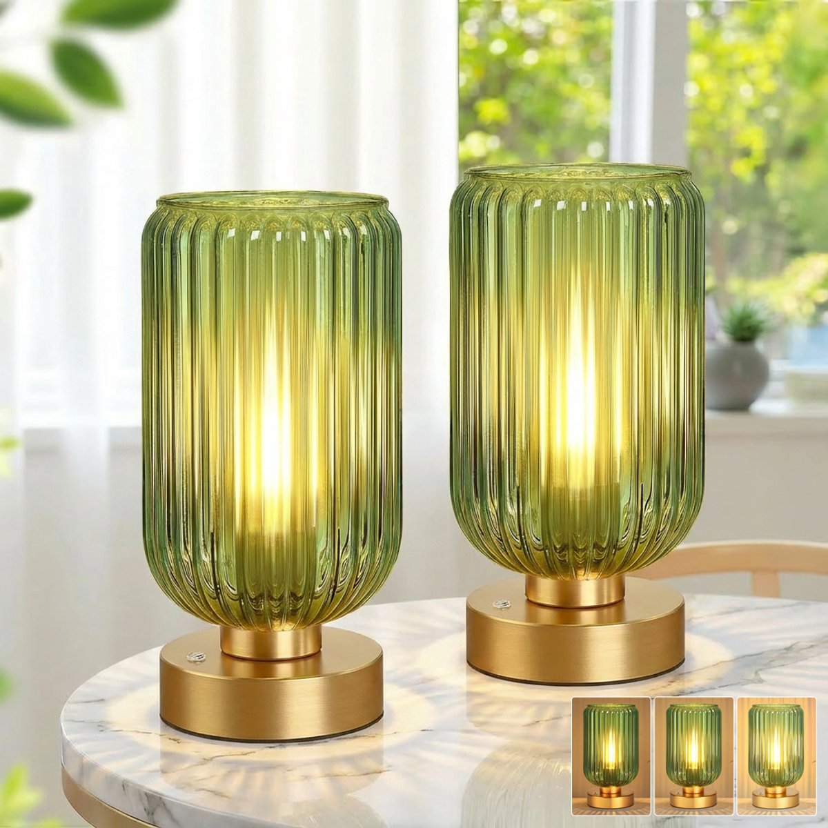 MUPOO Set van 2 Draadloze Tafellamp Modern met touch - Oplaadbare 7500 mAh - met Dimfunctie - Gouden voet en Groene Glazen Kap voor woonkamer - E27-fitting - Vintage Bedlampje