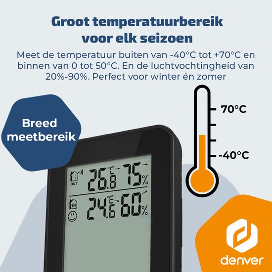 Zwart weerstation display met temperaturen binnen en buiten. Thermometericoon toont een bereik van -40°C tot 70°C.