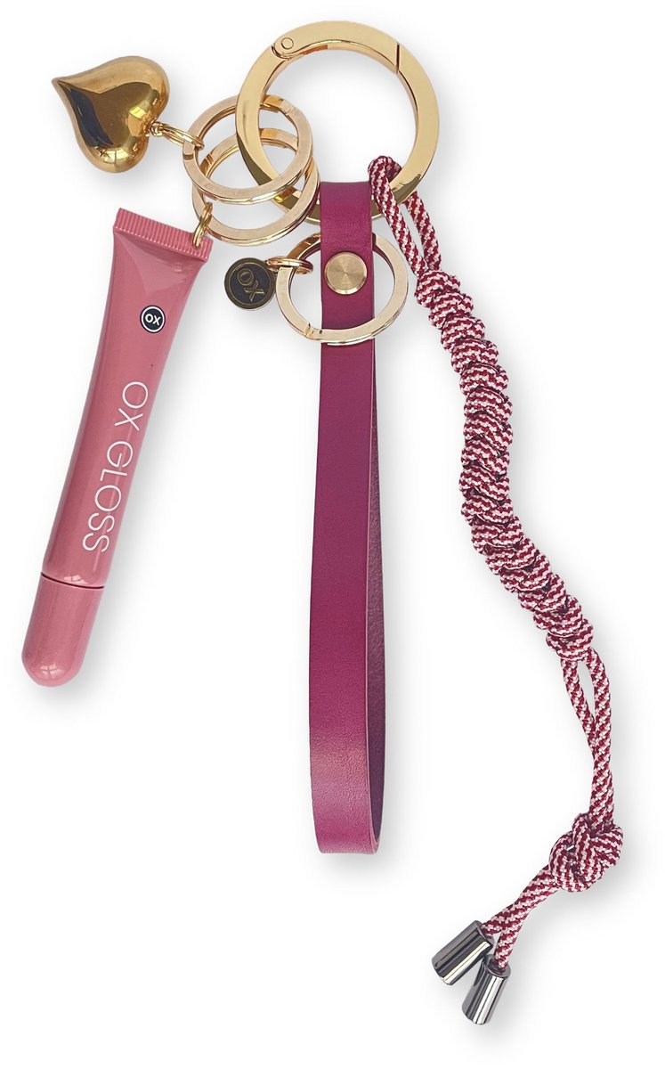OX Originals - Tassenhanger - Sleutelhanger - Bag Charm - Met Polsband, Lipgloss en Hart Bedel - Burgundy - Goud