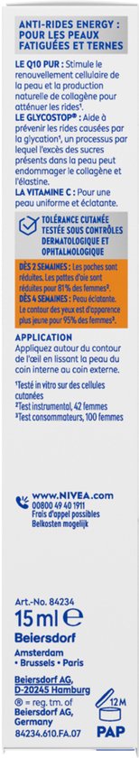 Productinformatie NIVEA Q10 Energy oogcontourcrème: ingrediënten, gebruik en resultaten voor vermoeide huid. 15ml.