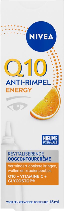 NIVEA Q10 Energy oogcontourcrème met gele framboos en oranje tekst ANTI-RIMPEL ENERGY. Bevat oog symbool en vitamine C + GLYCOSTOP.