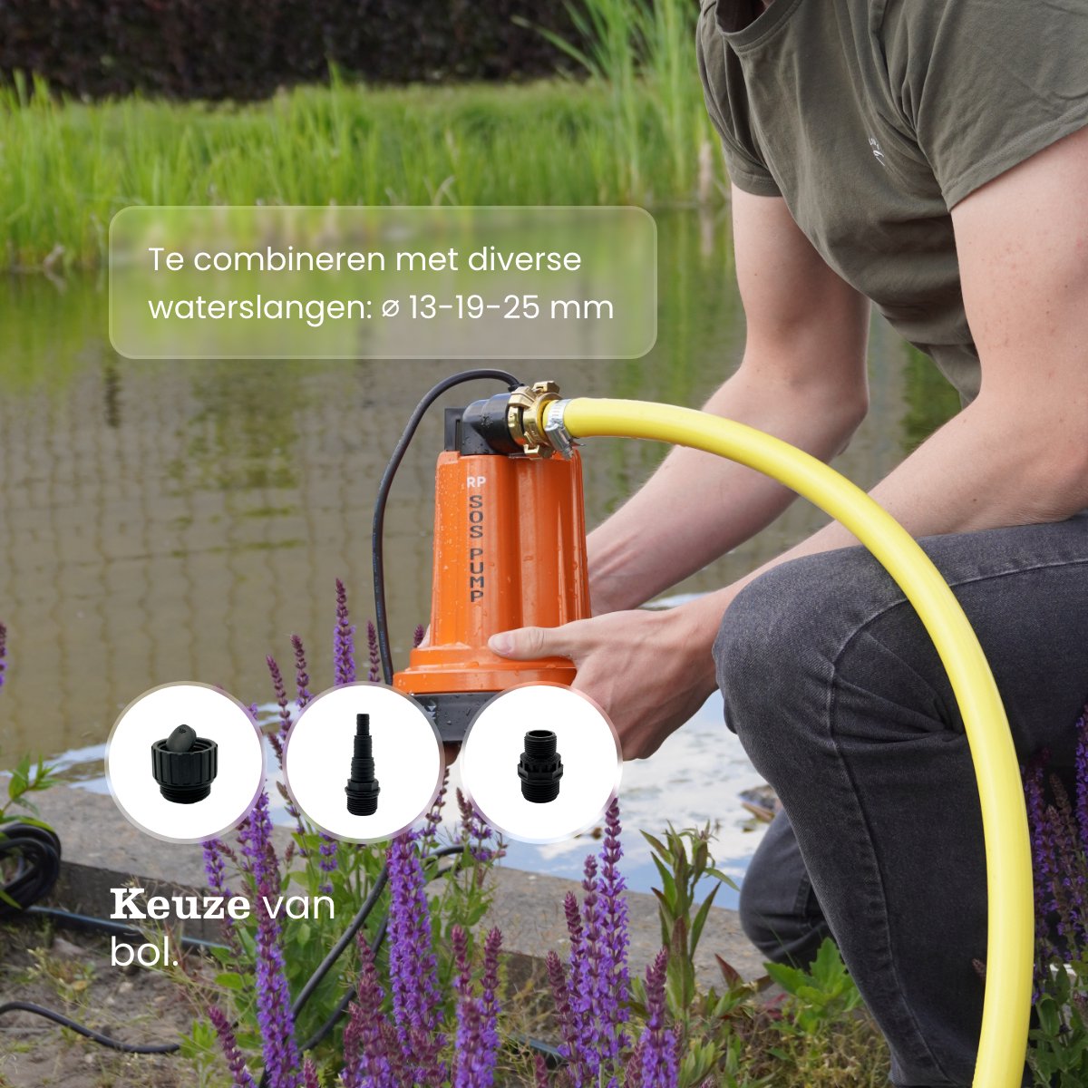 SOS PUMP ® SET Dompelpomp met Schakelaar – Vlakzuigend tot 2 mm – Inclusief 25 m Tuinslang 3/4” (19 mm), Snelkoppelingen & Terugslagklep – Dweilpomp – Vlakzuiger – Kelder – Wateroverlast – foto 4