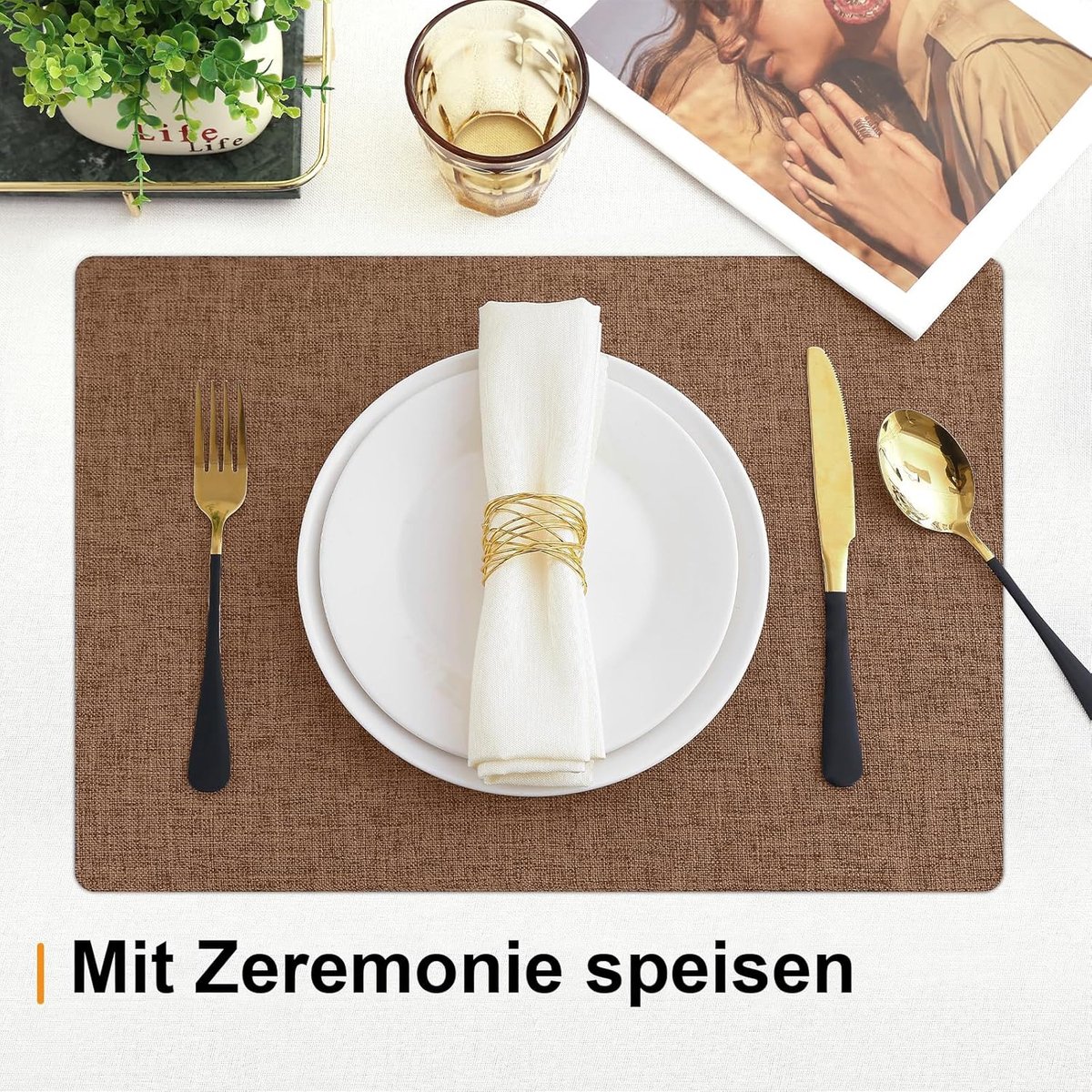 Candala - Bruine rechthoekige linnen katoenen placemat Set van 6, 24x66cm, hittebestendig, afveegbaar