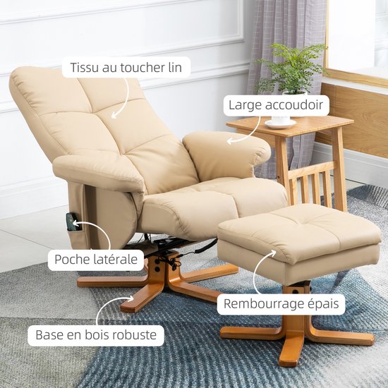 HOMCOM massage relaxfauteuil met voetenbank - PU - 86x80x99cm - Crème van HOMCOM — afbeelding 3