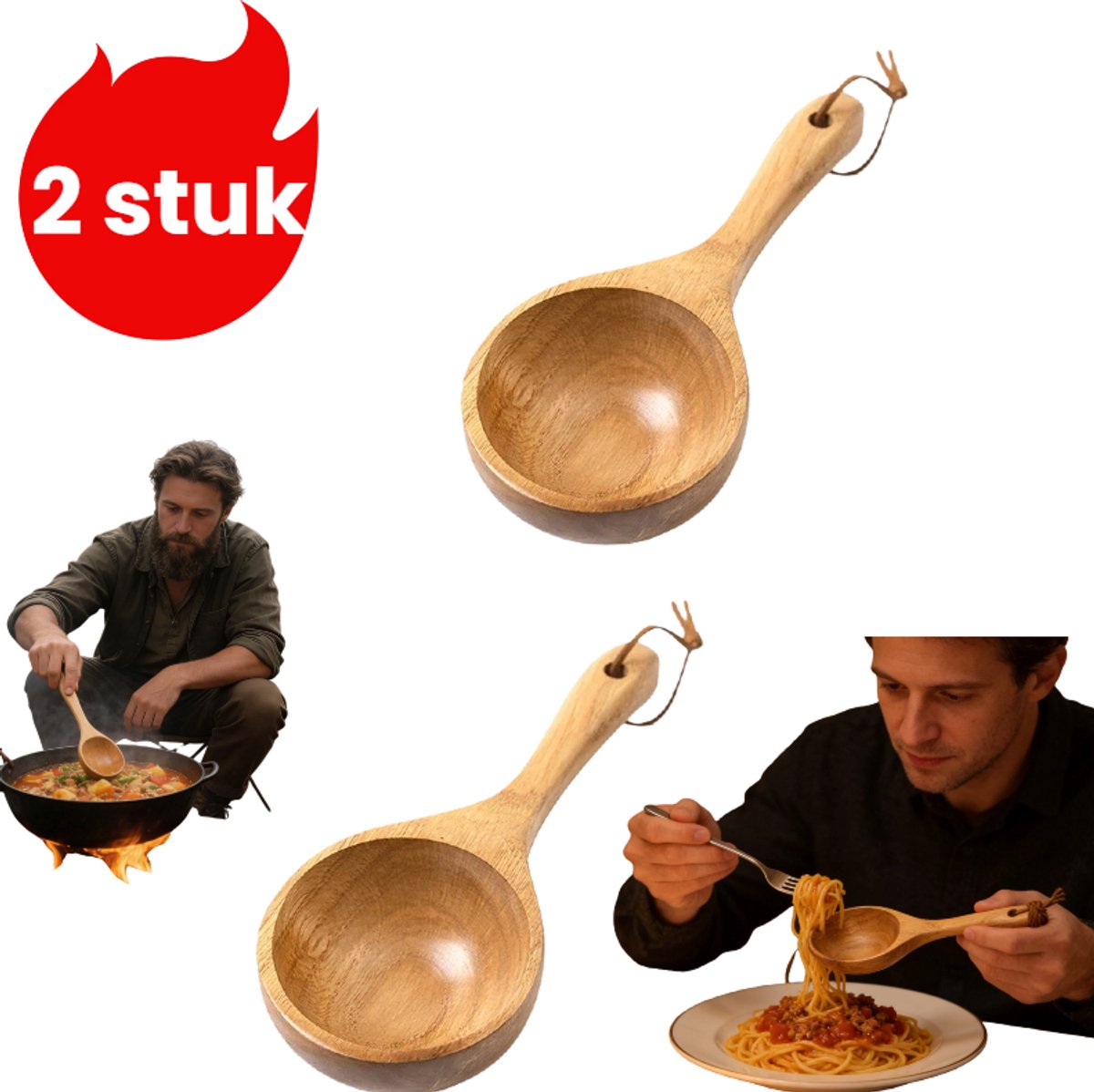 2-delige huishoudlepelset - snacklepel - saunalepel - waterlepel - houtkleur