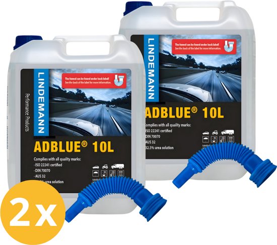 Lindemann AdBlue 2x 10l - Avec tuyau de remplissage pratique (derrière l'étiquette) - Certifié ISO 22241 - UREA AUS32 Grade - Pour toutes les marques de voitures