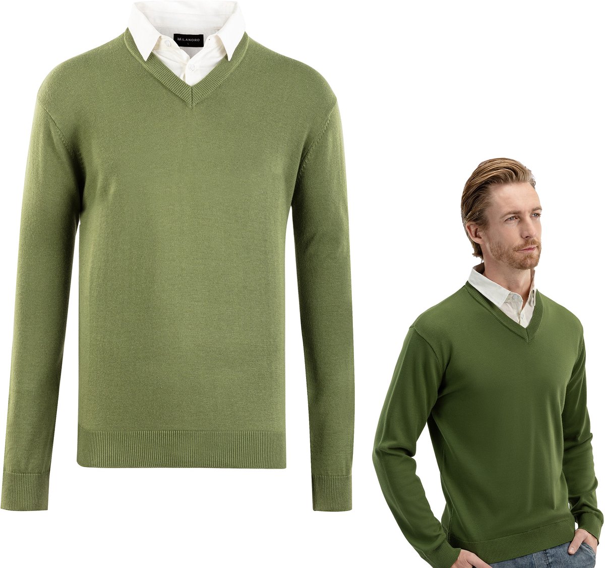 Milanoro - Herenpullover met overhemdkraag - Groen - S
