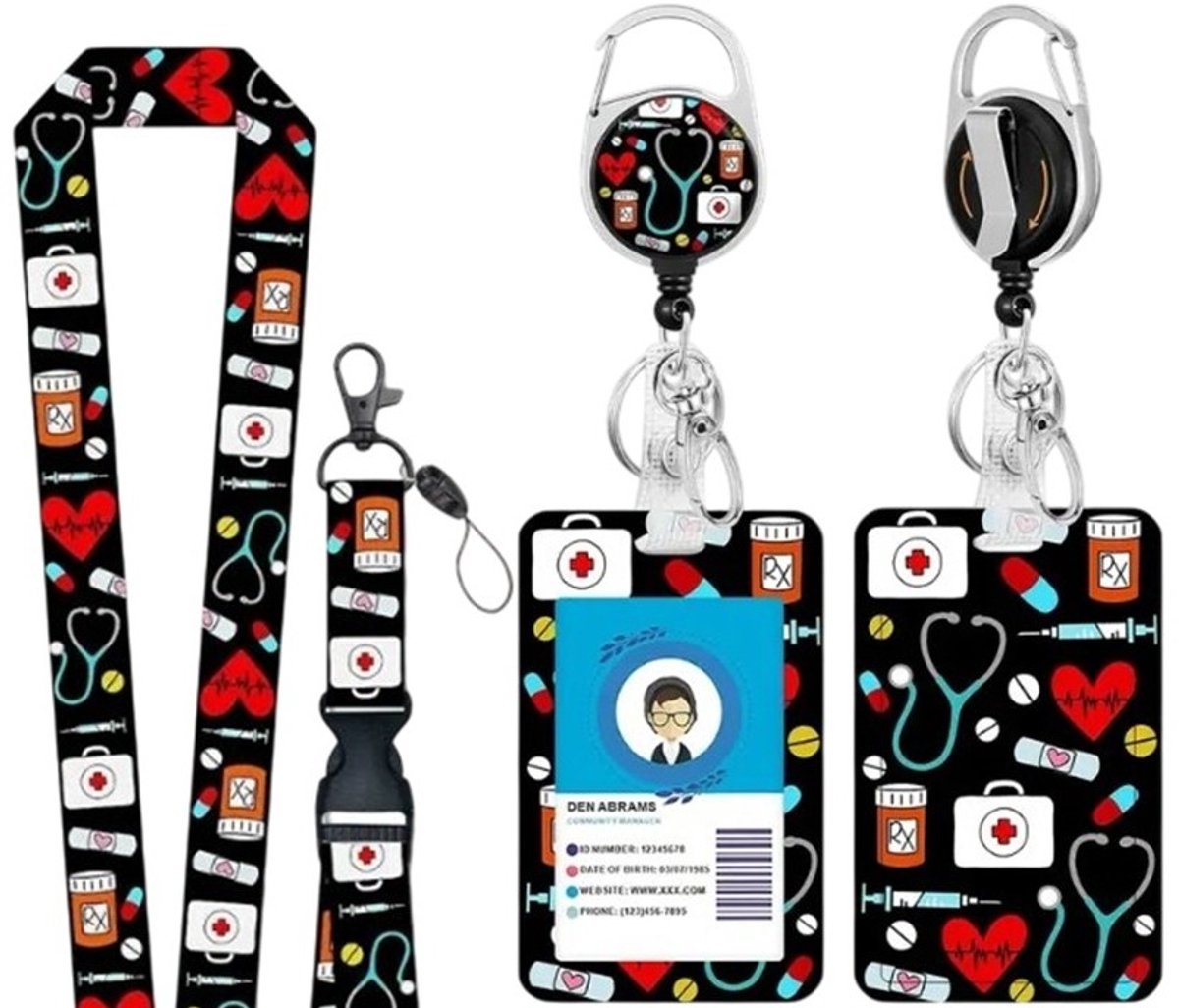 Mj Joys® – Afneembare Lanyard – Badgehouder met trekkoord - Trekkoord met Sleutelhanger - Uitschuifbare Badgehouders met Clip - Nekkoord - Telefoonkoord - Badge Houder - Badgehouder met afrolmechanisme - Badge - Badge houder verpleegkundige
