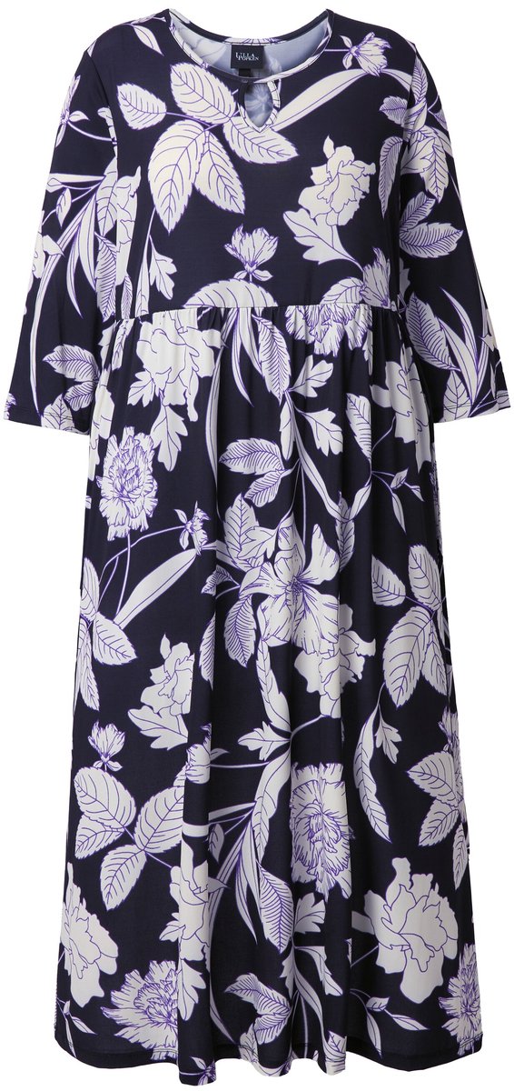 Ulla Popken Dames - Maxi-jurk bloemen A-lijn ronde hals 3/4-mouwen - Zwart - Maat 42+