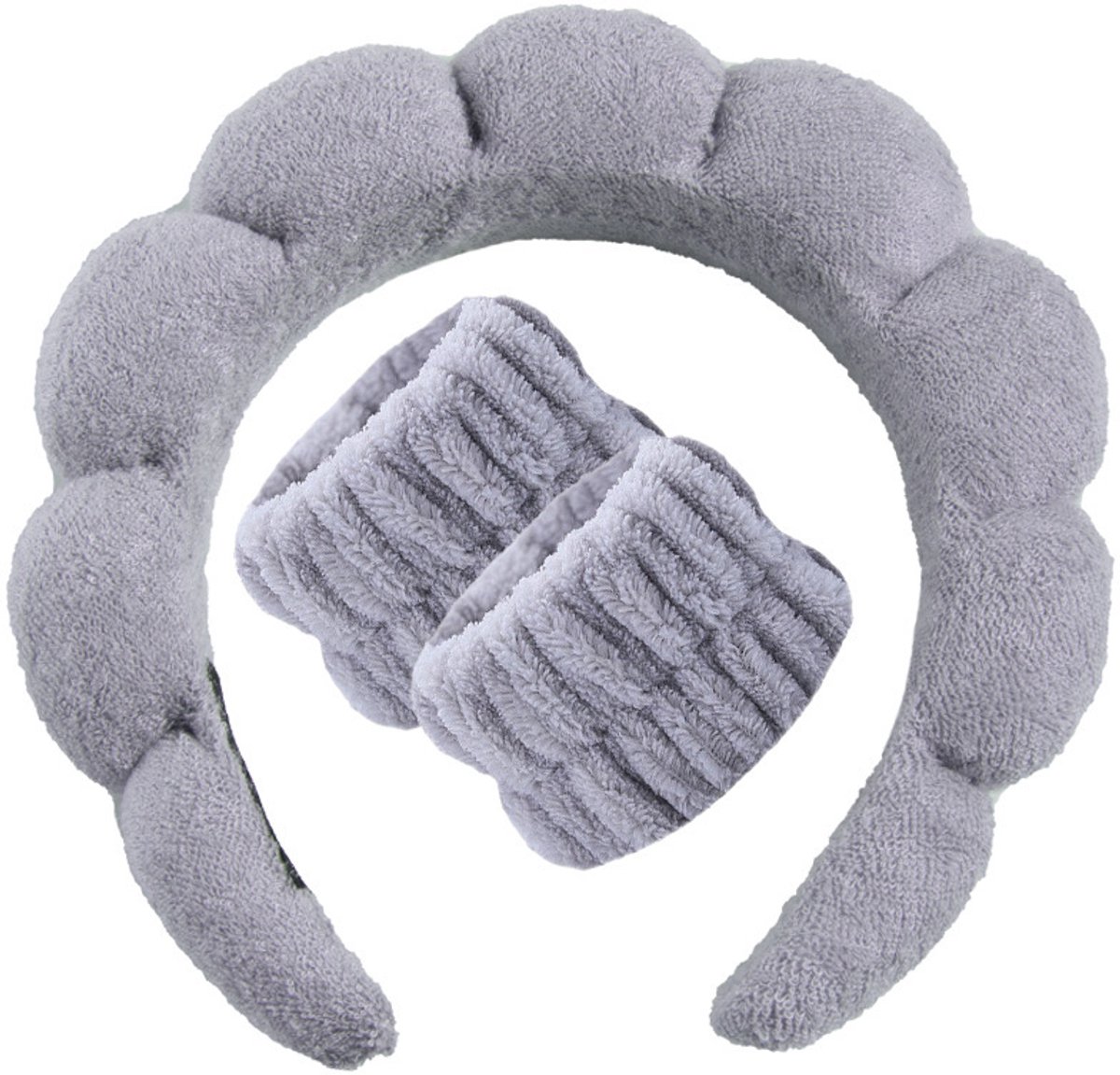 Hoofdband - Gezichtsreinigingshoofdband - Zachte badstof polsbandset - Geschikt voor make-up en huidverzorging - Antislip hoofdband voor dames - Grijs