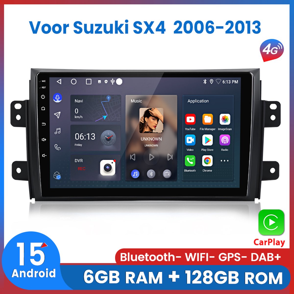 Awesafe 6+128GB Android15 Carplay Autoradio - 8 Kern V1PRO - Ondersteuning voor 4G SIM - Geschikt Voor Suzuki SX4 2006 t/m 2013 - Draadloze Carplay Android Auto - Touchscreen - GPS Navigatie 4G WiFi - Bluetooth Radio - 2006 2007 2008 2009 2010 2011