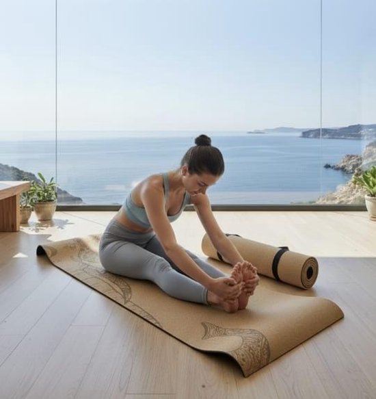 Yogamat -Kurk Yogamat Olifant – Antislip – Milieuvriendelijk met TPE-Onderlaag – 183×61,5×0,5 cm –Voor Yoga, Pilates, Spirituele Momenten, Ontspanning en Fitness–Inclusief Gratis Draagriem–Lichtgewicht, Duurzaam en met Gerecyclede Verpakking/ OlIfant