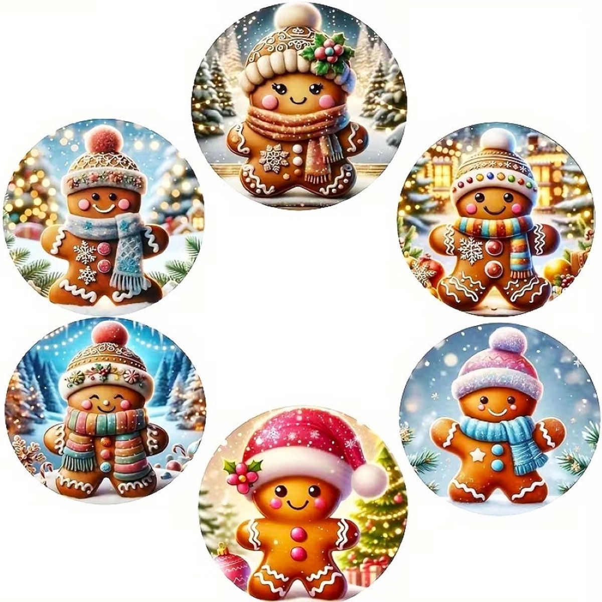 Set van 6 houten KERST onderzetters “peperkoek poppetjes” met vrolijke gingerbread popjes met muts op in een winters tafereel / kerstbomen / sneeuw (glas onderzetter, bierviltje, cadeau idee voor Kerstmis!)