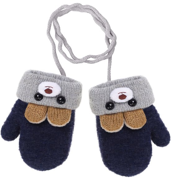 Moufles d'hiver pour bébé - avec cordon - Moufles d'hiver pour tout-petits de 0-3 ans, pour garçons et filles - Adorables moufles d'ours avec petites oreilles - Gants d'hiver tricotés avec double couche, épais et chauds - 12 x 7 cm