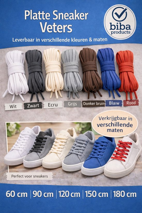 Platte sneaker veters in wit, zwart, ecru, grijs, donkerbruin, blauw en rood. Verkrijgbaar in 60, 90, 120, 150 en 180 cm.