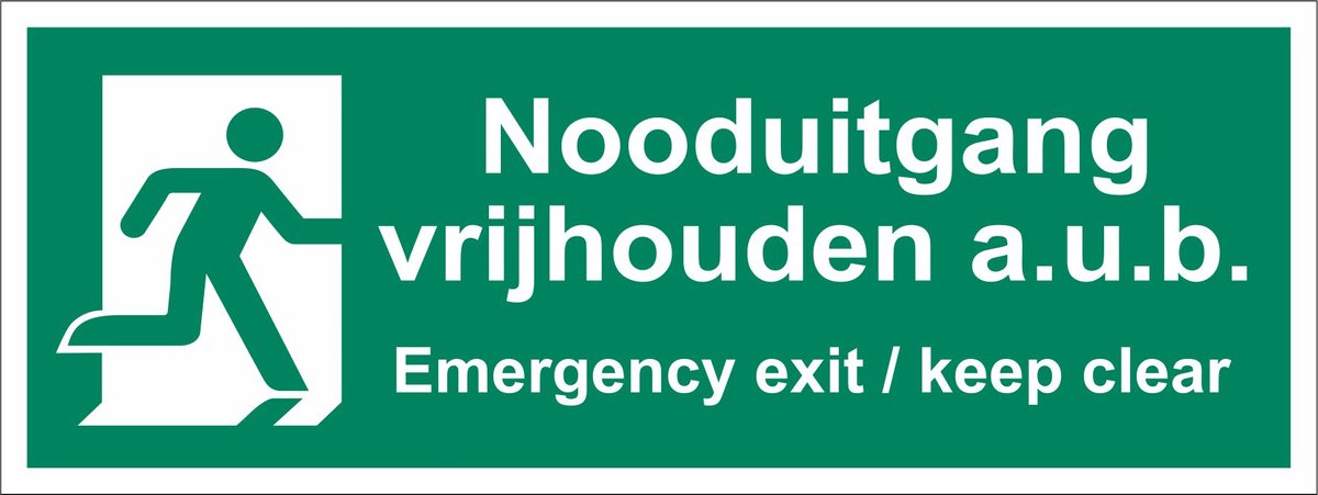 Nooduitgang vrijhouden a.u.b. - Emergency exit keep clear 400x150 mm STICKER (binnen en buitengebruik)