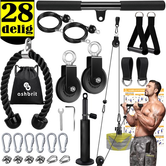 28-delige fitness set met accessoires en een man die traint.
