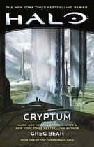 Boekomslag van Halo: Cryptum, met futuristische architectuur en twee kleine figuren. "The New York Times Bestselling Series", "Halo", "Cryptum", "Greg Bear".
