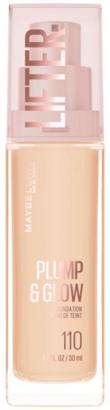 Maybelline Lifter Plump & Glow foundation 110 in glazen fles met pompapplicator en roze dop.
