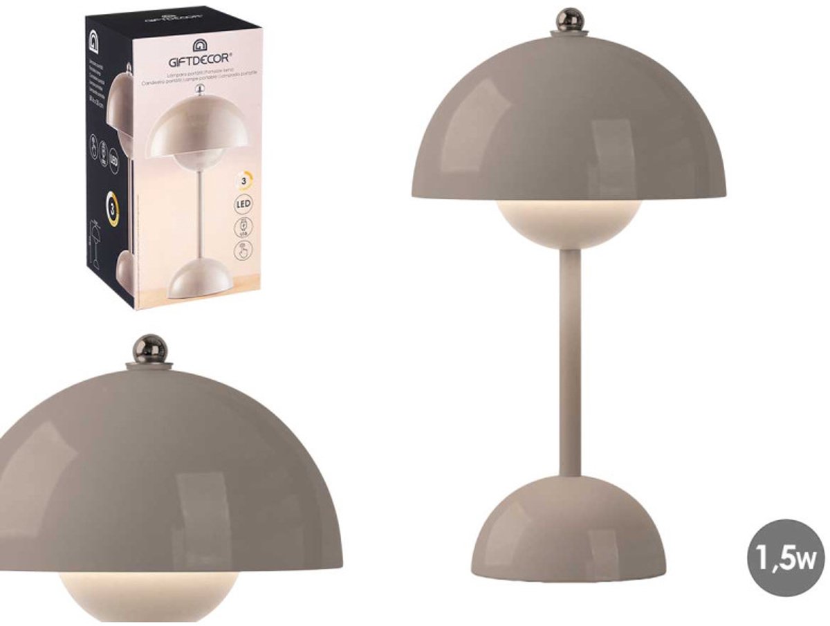 Oplaadbare Tafellamp - LED Nachtlamp - Retro Paddenstoel Lamp - Draadloze Sfeerlamp 1,5W - Lichtgrijs - Bedlamp Bureau Lamp en Decoratieve Nachtverlichting