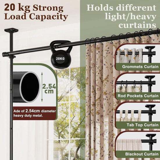 Yeabett Ruimteverdeler zonder boren, vrijstaande gordijnroede, hoogte (122-305 cm), breedte (70-380 cm), verstelbaar, stabiele roestvrijstalen scheidingswand voor elke kamer, zwart