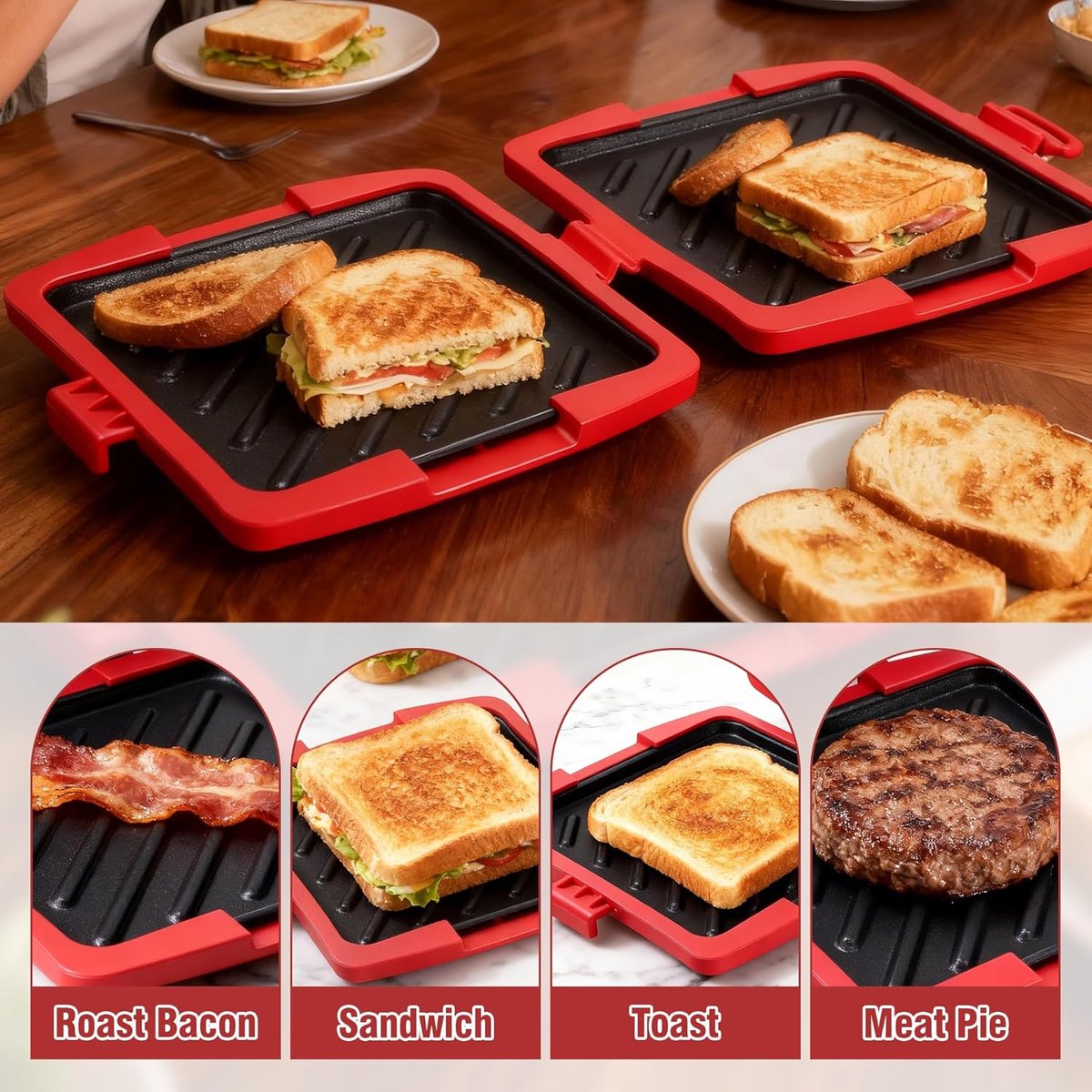 Tosti Apparaat - Sandwich Maker - Tosti Broodrooster - Magnetron Sandwich Maker Silicone - 16 X 16 Cm - Met Verwijderbare Aluminium Platen - Voor Sandwich Home Travel Office Dormitory Rv — afbeelding 6