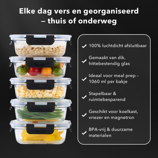 BARDI 5 Delige Glazen Meal Prep Bakjes Inclusief 10 Stuks Wonderspons - Glazen Vershoudbakjes - Glazen Opbergbakken - Diepvriesbakken - Luchtdicht - BPA Vrij - 1060ML - Glas - Zwarte Clips van Merkloos — afbeelding 5