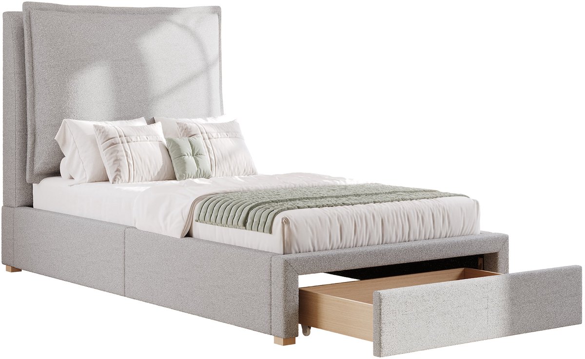 Merax Gestoffeerd Kinderbed 90x200 - Functiebed met Grote Lade - Lattenbodem Inbegrepen - Verstelbaar Hoofdkussen met Klittenband - Chenille Stof - Grijs - Zonder Matras