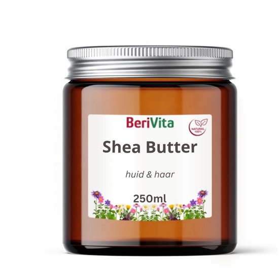 Een bruine glazen pot van Berivita Shea Butter met een label voor huid en haar, 250ml.