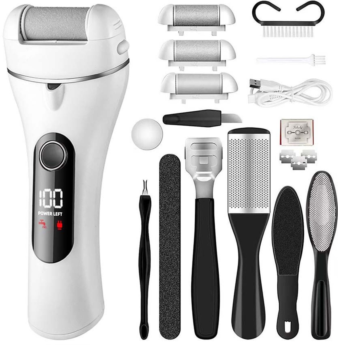 voetvijl - voetvijl elektrisch - eeltvijl - Met 3 rolkoppen - IPX5 - Professionele voetkorstverwijderaar-Oplaadbare pedicureset voor het verwijderen van eeltplekken - voor voetverzorging, voor gebarsten hielen, eeltgebruik