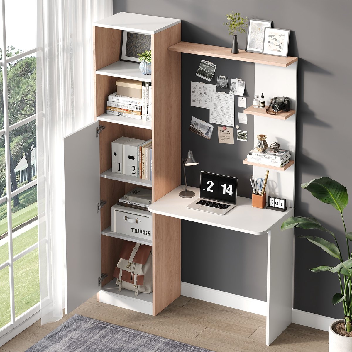 STILVORA Bureau - Werktafel Met Contrasterend Wit+Notenbruin Design - 1 Deur 2 Open Planken - MDF - 123,5x45x168,5 cm - Voor Thuiswerk En Studenten
