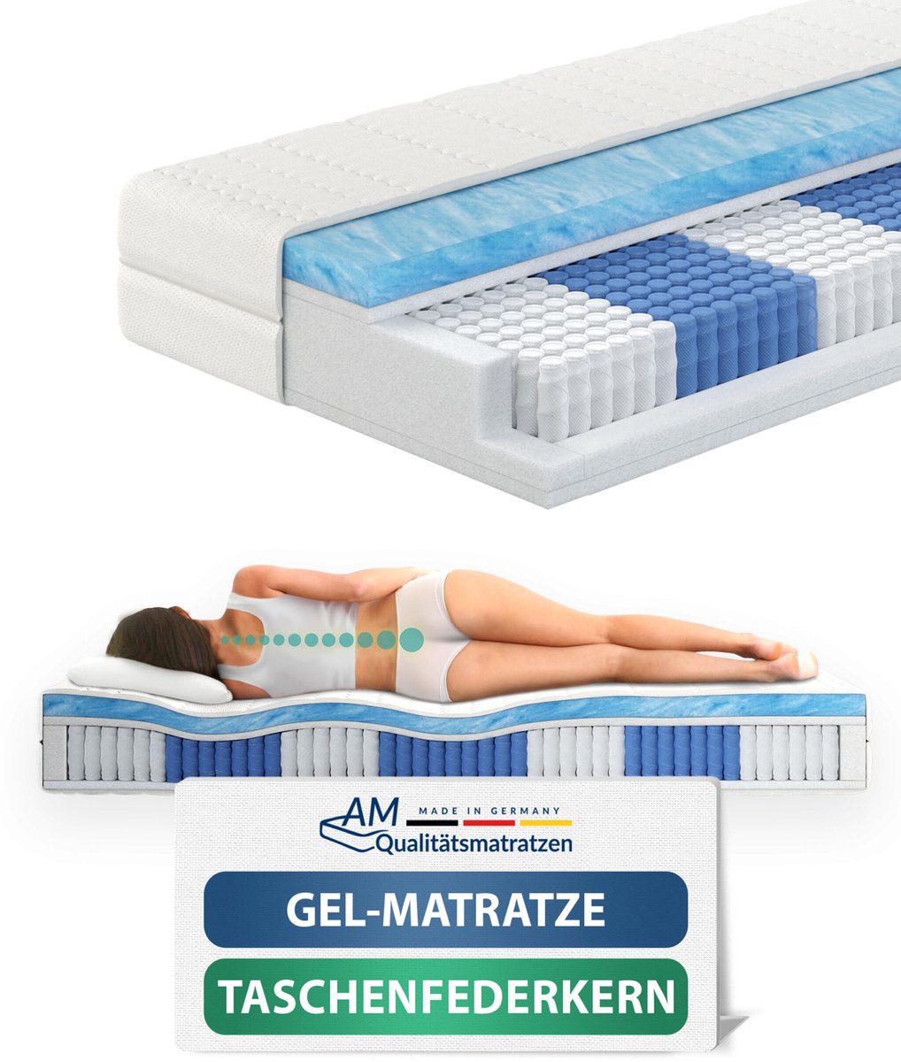 AM Qualitätsmatratzen - Premium gelschuim matras 140x200cm - Gemiddeld (H3) - 10000 veren - Pocketveringmatras gelschuim 140 x 200-6 cm gelschuim deklaag - 24cm hoogte - Made in Germany