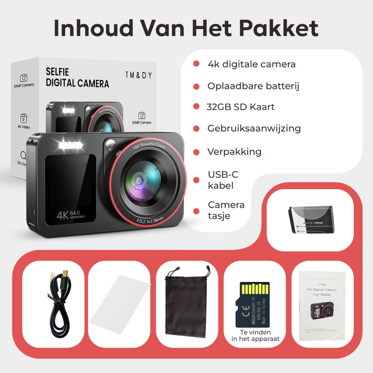 4K Digitale Camera, 64 MP Kleine CCD-camera met 3 Inch