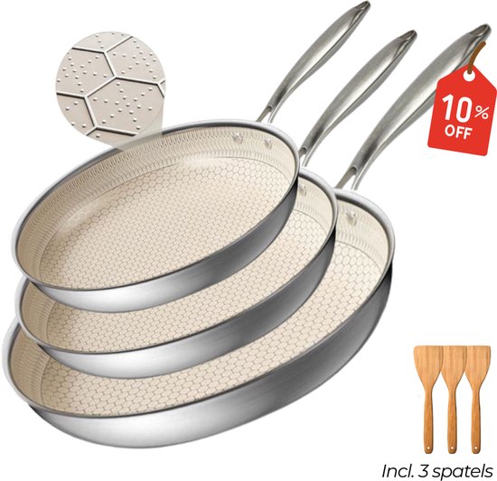 Morelia® Koekenpannen Set Inductie en Gas - Incl Spatel - Ø 20cm - 24 cm en 28 cm - PFAS Vrij - Keramische Anti aanbaklaag - Oven en Vaatwasserbestendig - Beige