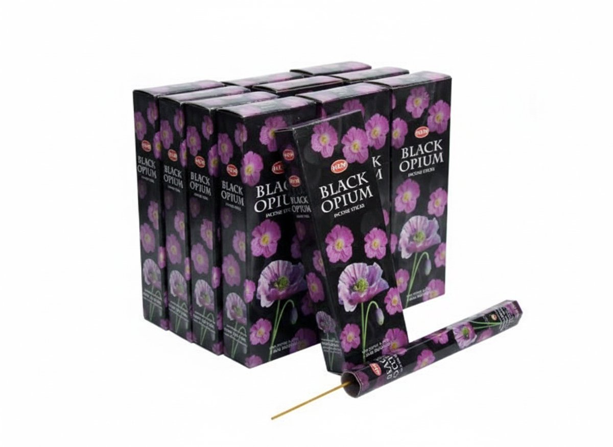 HEM Black Opium Wierookstokjes - Voordeelverpakking 6 Pakjes x 20 Stokjes (120 Totaal) - Heerlijke Mysterieuze Geur voor Ontspanning en Meditatie - Originele HEM Wierook uit India met Kajal Sticker