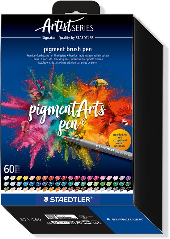 Un coffret cadeau pour 60 feutres pinceaux pigment STAEDTLER, avec une explosion de couleurs, du texte et une image de feutre.