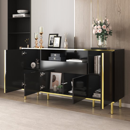 Dressoir - 150x40x80 cm - Hoogglans Dressoir Met 4 Deuren En 1 Lade - LED Verlichting - MDF Spaanplaat - Zwart