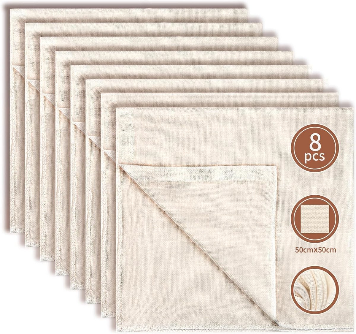 Herbruikbare kaasdoek - 8 stuks - 50 x 50 cm - 100% katoen - ongebleekt - ideaal voor notenmelk en tofu