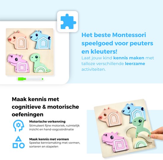 Houten puzzel met vier dieren: roze varken, blauwe beer, roze nijlpaard, groene dinosaurus. Kind speelt met puzzelstukken.