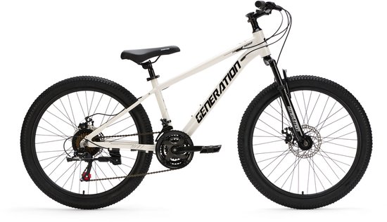 Vélo blanc pour enfant avec pneus noirs, selle et poignées noires. Fourche et jantes noires avec logo "GENERATION" sur le cadre.