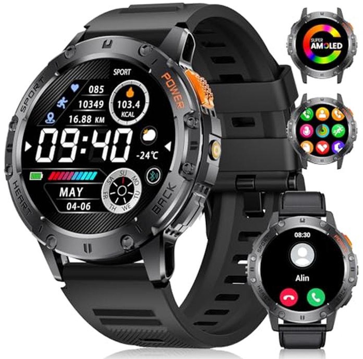 Slimme Militair Smartwatch voor Mannen met Bluetooth Bel- en Fitnessfuncties - 1.4 inch AMOLED, Waterdicht en 100+ Sportmodi