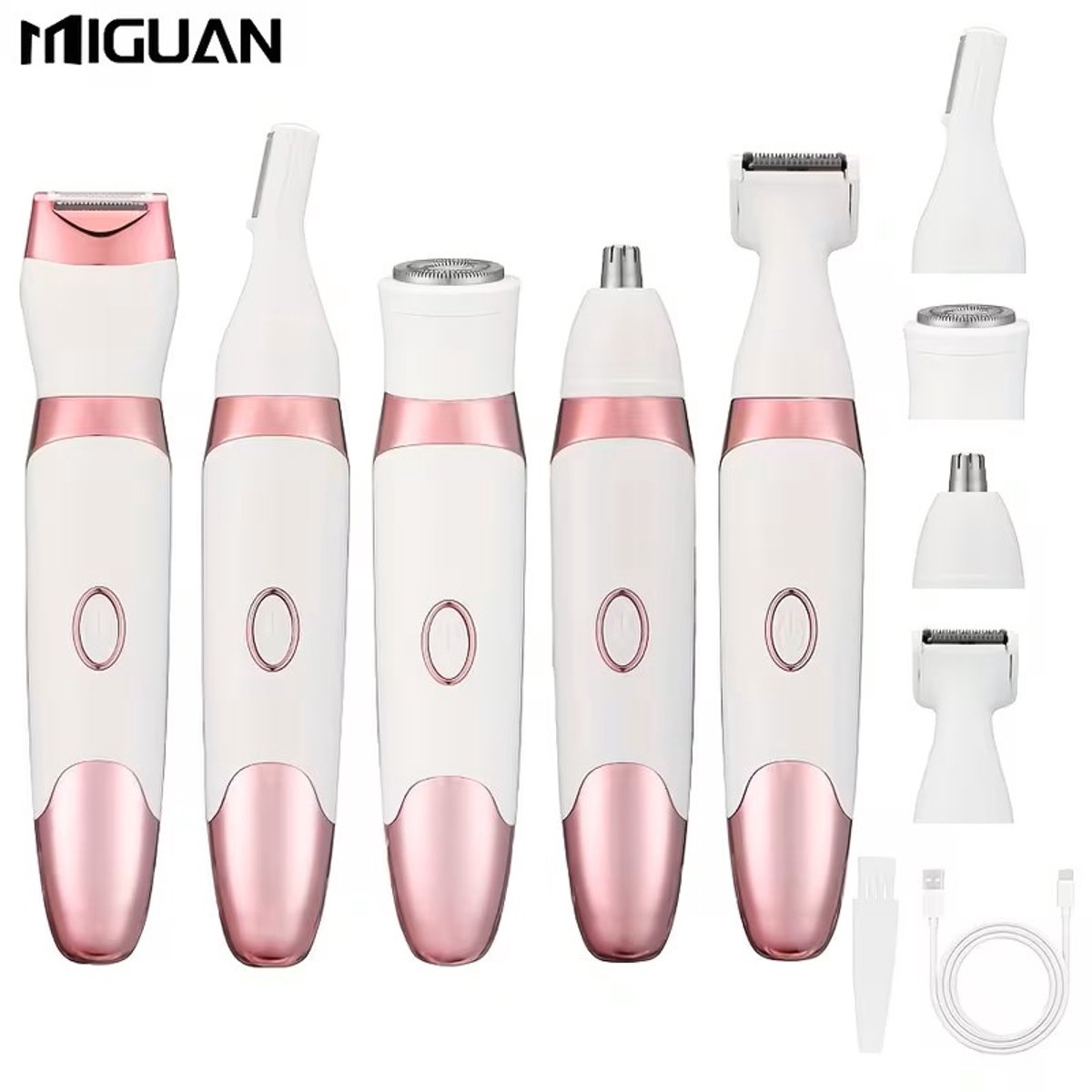 5-in-1 Digitale MIGUAN Ladyshave – Body Shaver + Precisietrimmer + Oor/Neushaar + Gezicht + Wenkbrauwtrimmer – USB-Oplaadbare Dames Scheerapparaat – Voor een Pijnloze ervaring en perfecte Lichaamshaar verzorging - Kleur: Roze